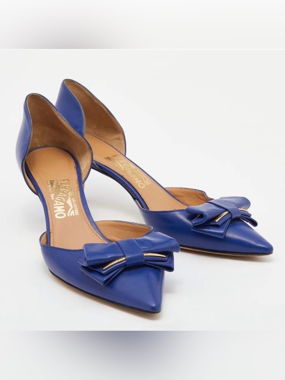 Salvatore Ferragamo Blue Leather Rietta Bow D'orsay Pointed Toe Women’s Size 10 - Picture 1 of 16